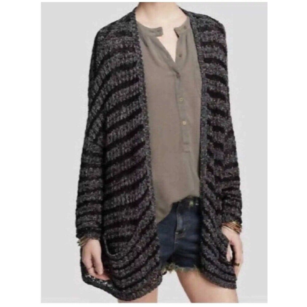 Free People Cardigan Sweater Womens M Oversized Knit Boho Striped Black Gray